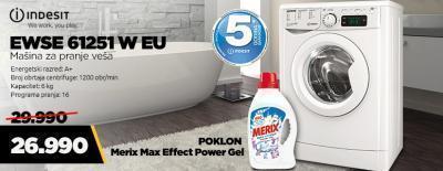 INDESIT Mašina za pranje veša EWSE 61251 W EU + Poklon Merix Max Effect Power Gel