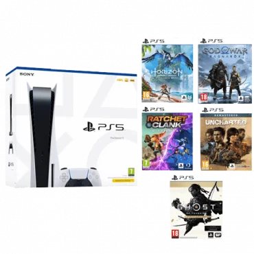 SONY PlayStation 5 konzola + God of War Ragnarök + Horizon: Forbidden West + Ratchet and Clank Rift Apart + Uncharted: Legacy of Thieves Collection Remastered + Ghost of Tsushima Directors Cut